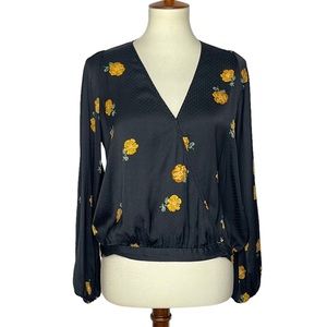Madewell Shirt Women Medium Black Yellow Flower V-Neck Wrap Blouse Elastic Waist